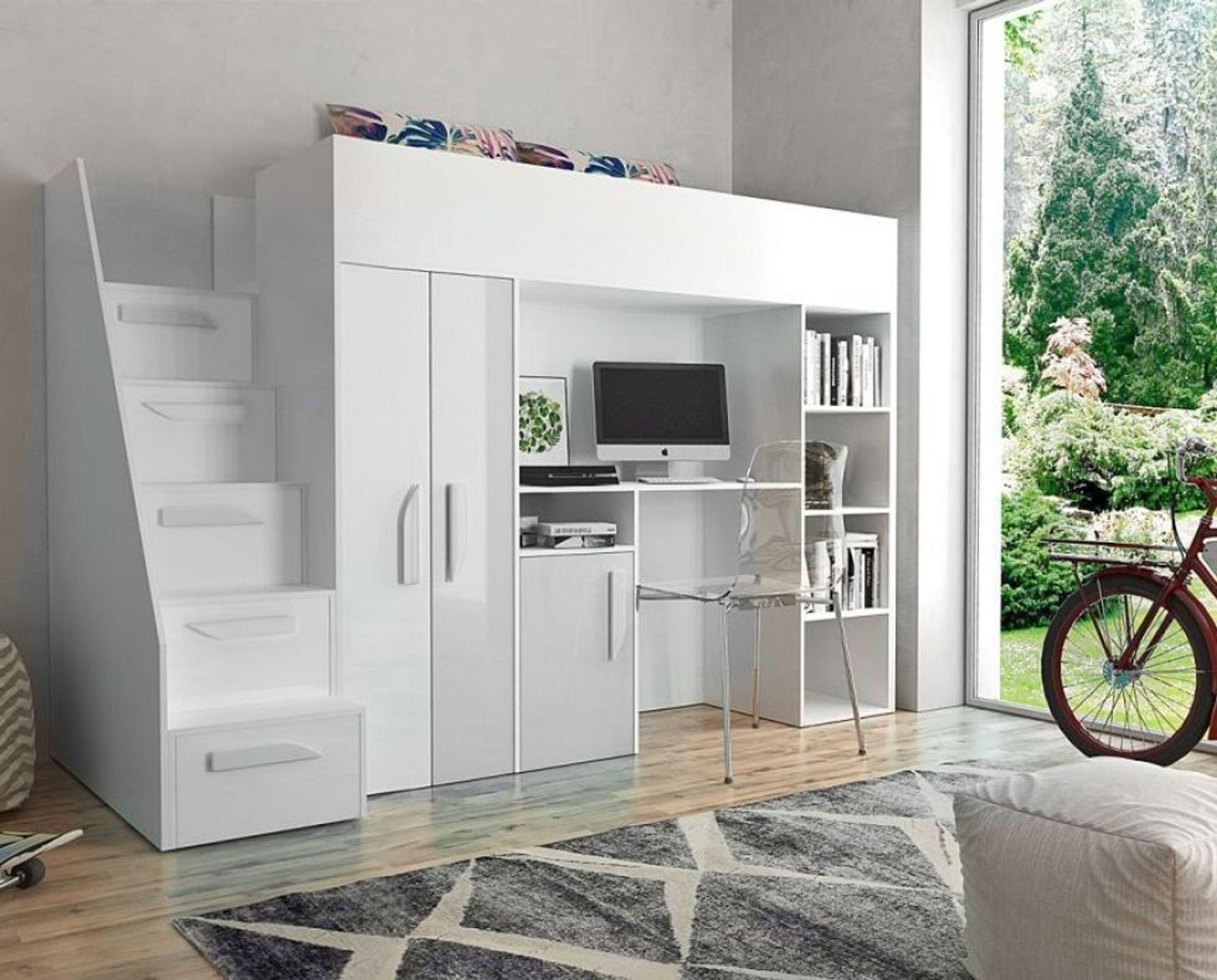 Hochbett Etagenbett Hochglanz PARIS 4 Mit Schreibtisch Schrank Regal 