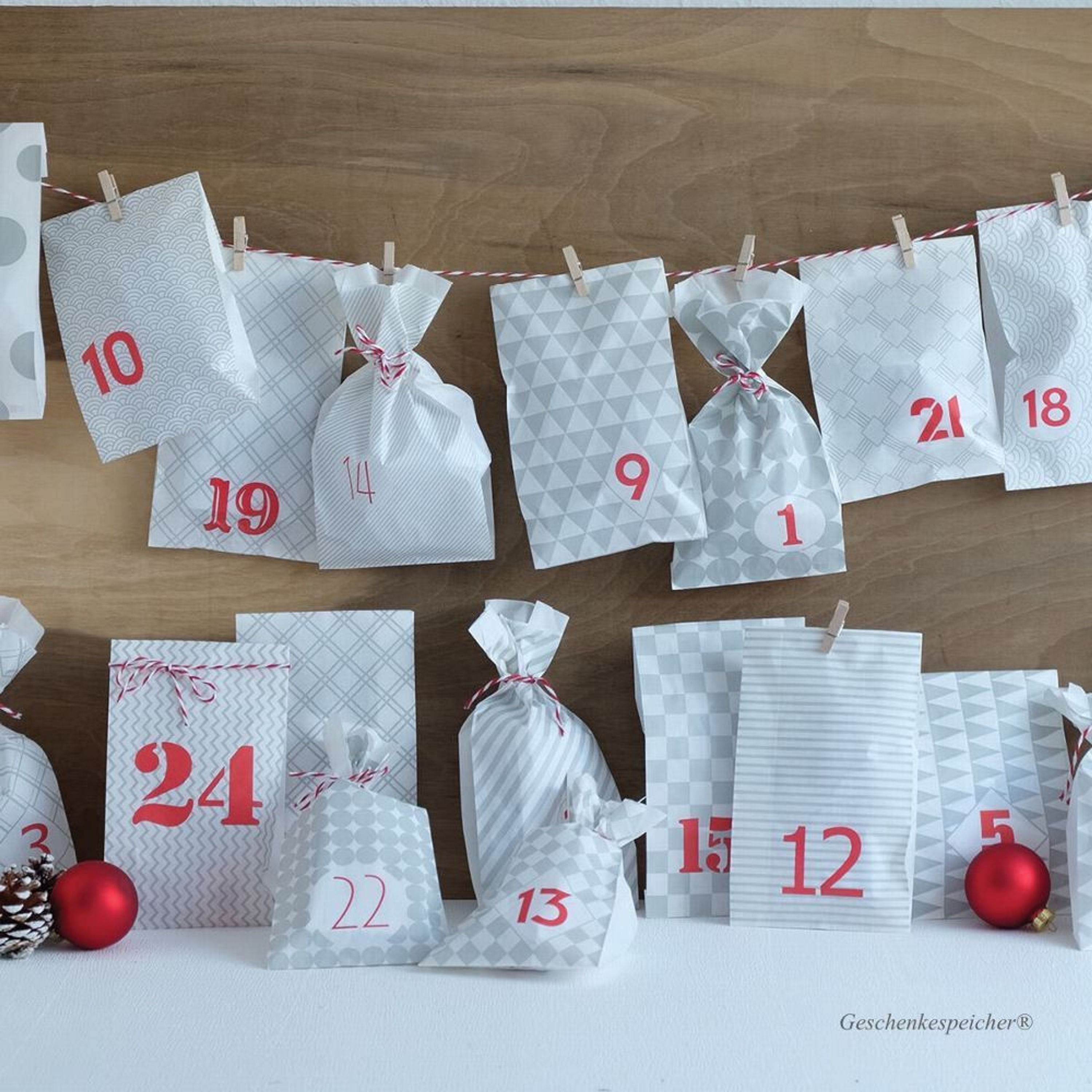 DIY Adventskalender Rot Grau 24 Große Papiertüten 3 Meter
