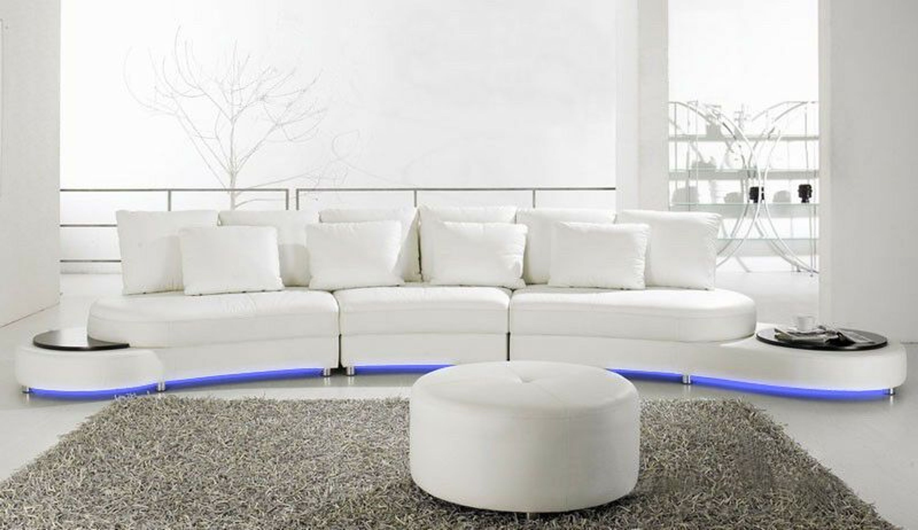 Edle Design Rund Sofa Couch Wohnlandschaft + Hocker Leder Runde Couchen