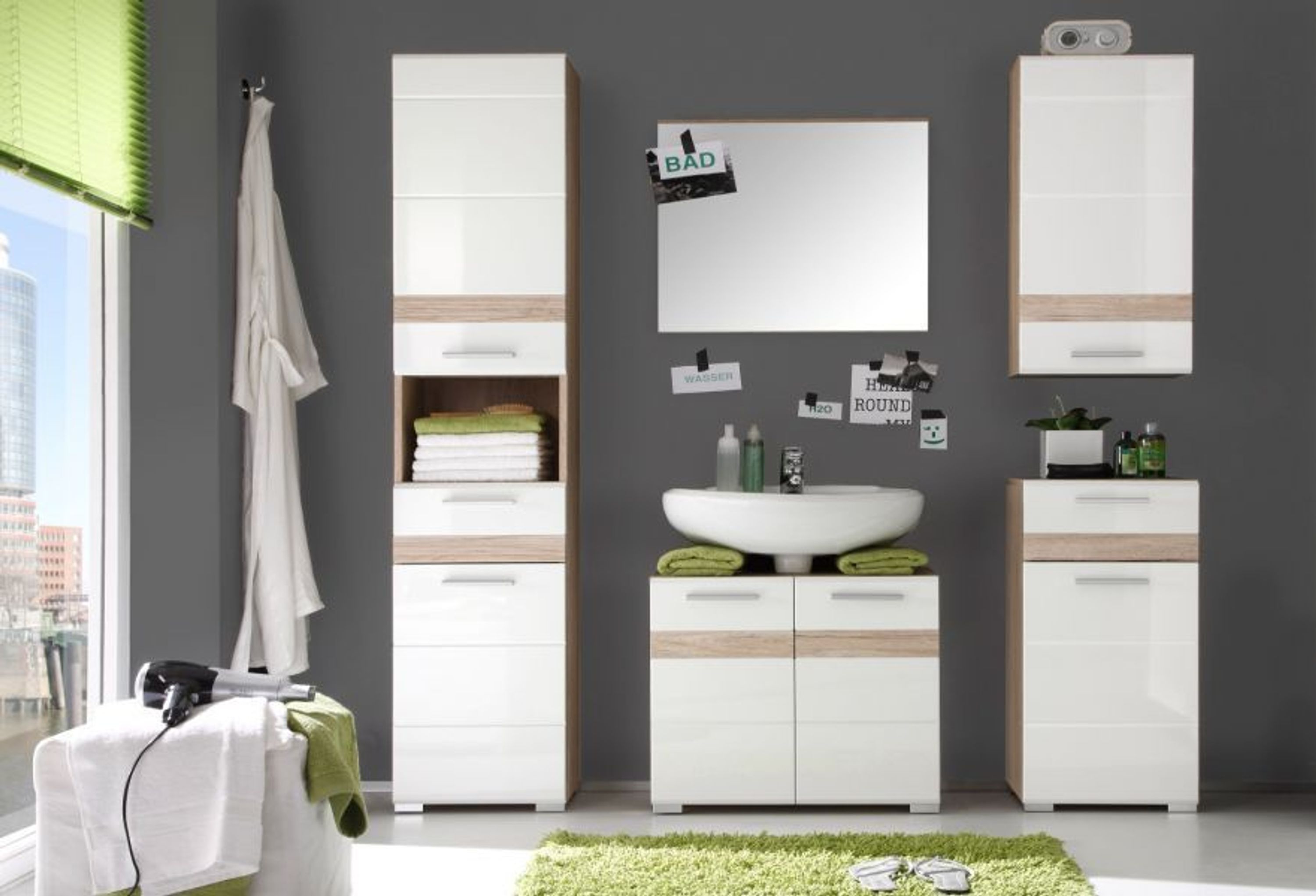 Badmöbel Set 2x Hochschrank SetOne Badezimmer weiß Hochglanz / Eiche