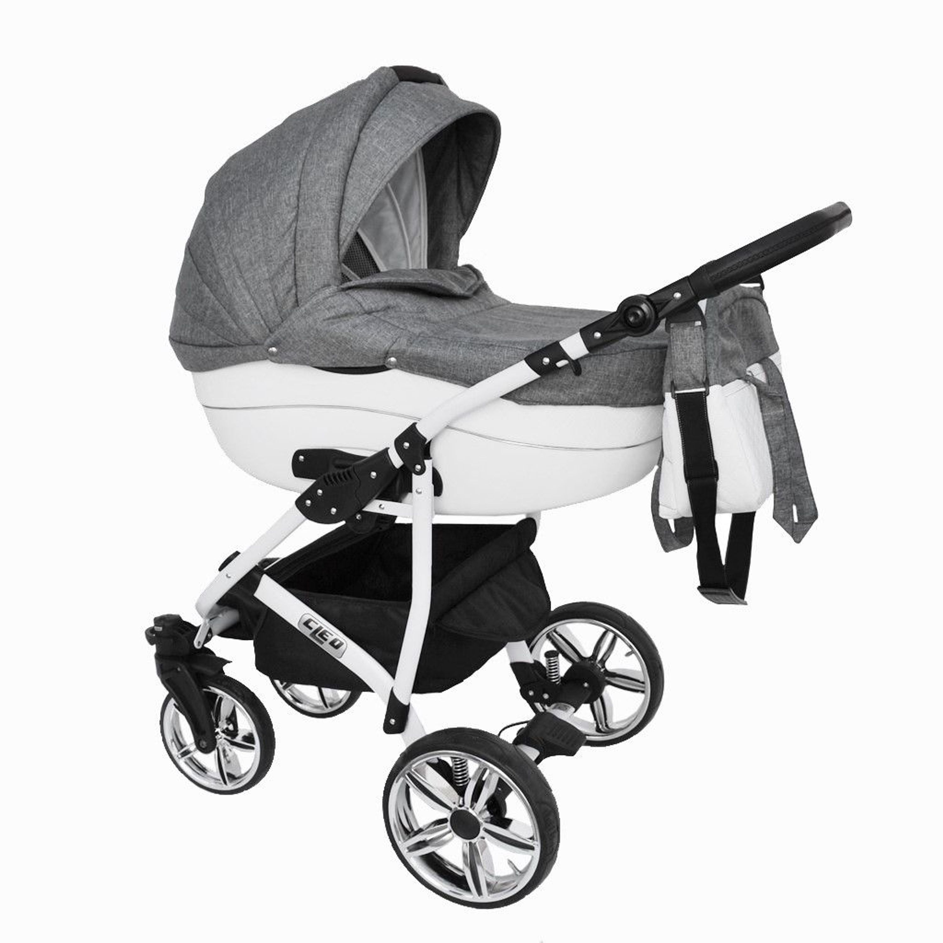 LUXUS Kombi Kinderwagen CLEO 3 in 1 Komplettset grau/ weiß mit Kunstlederelementen kaufen bei