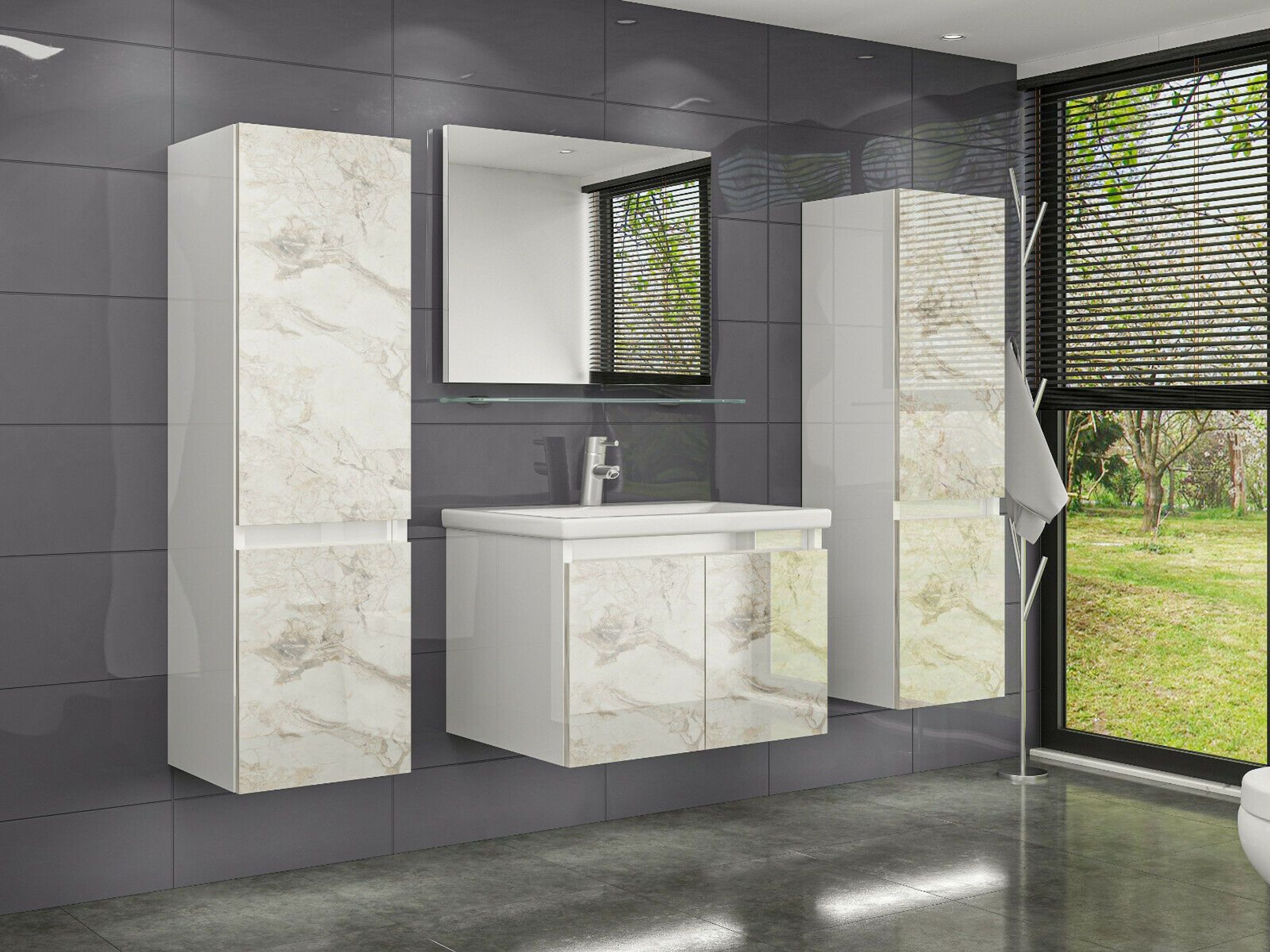 5 Teilig Badmöbel Set 90 cm Weiss Hochglanz Badezimmermöbel 60 cm 120