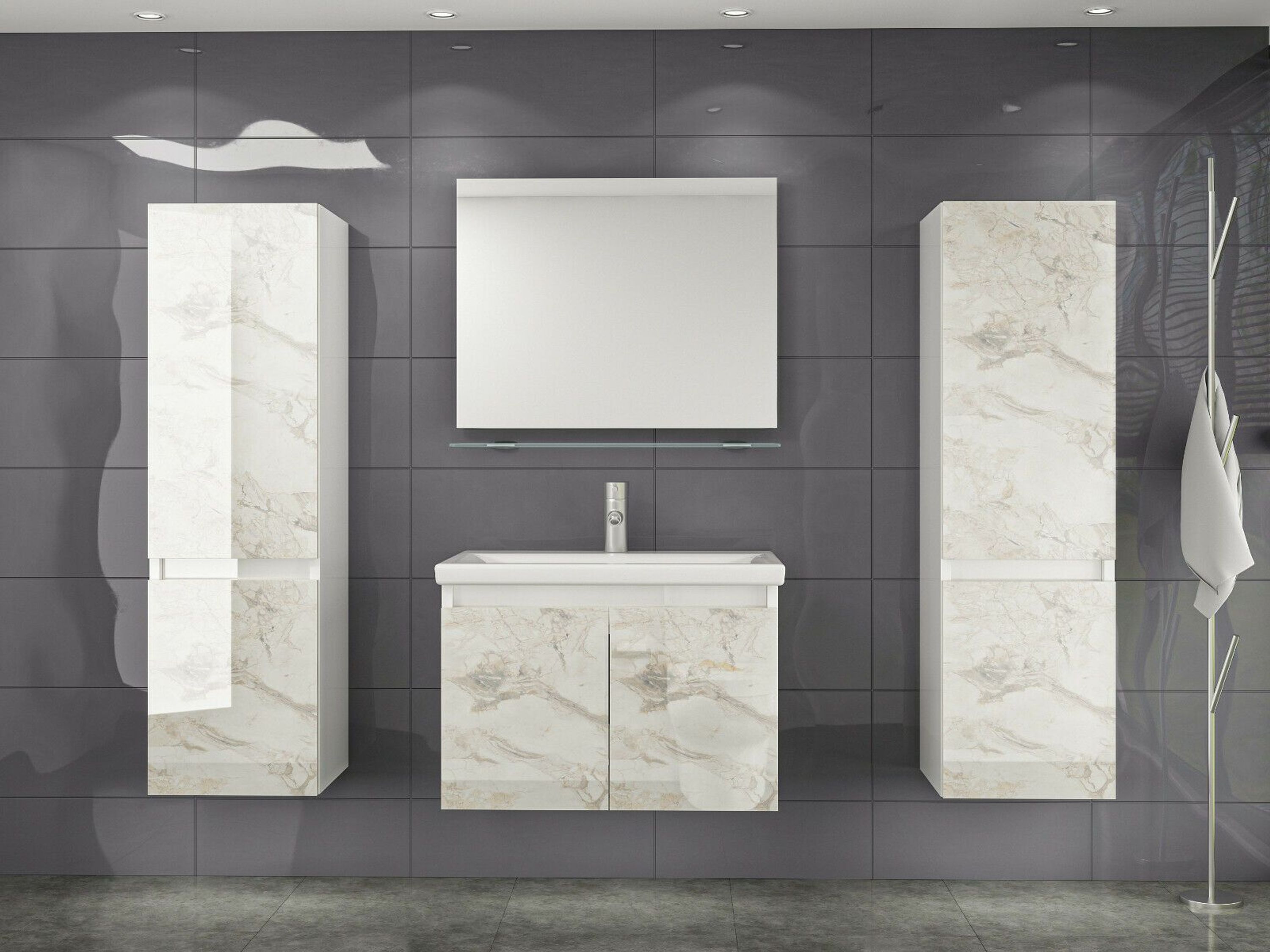 5 Teilig Badmöbel Set 90 cm Weiss Hochglanz Badezimmermöbel 60 cm 120