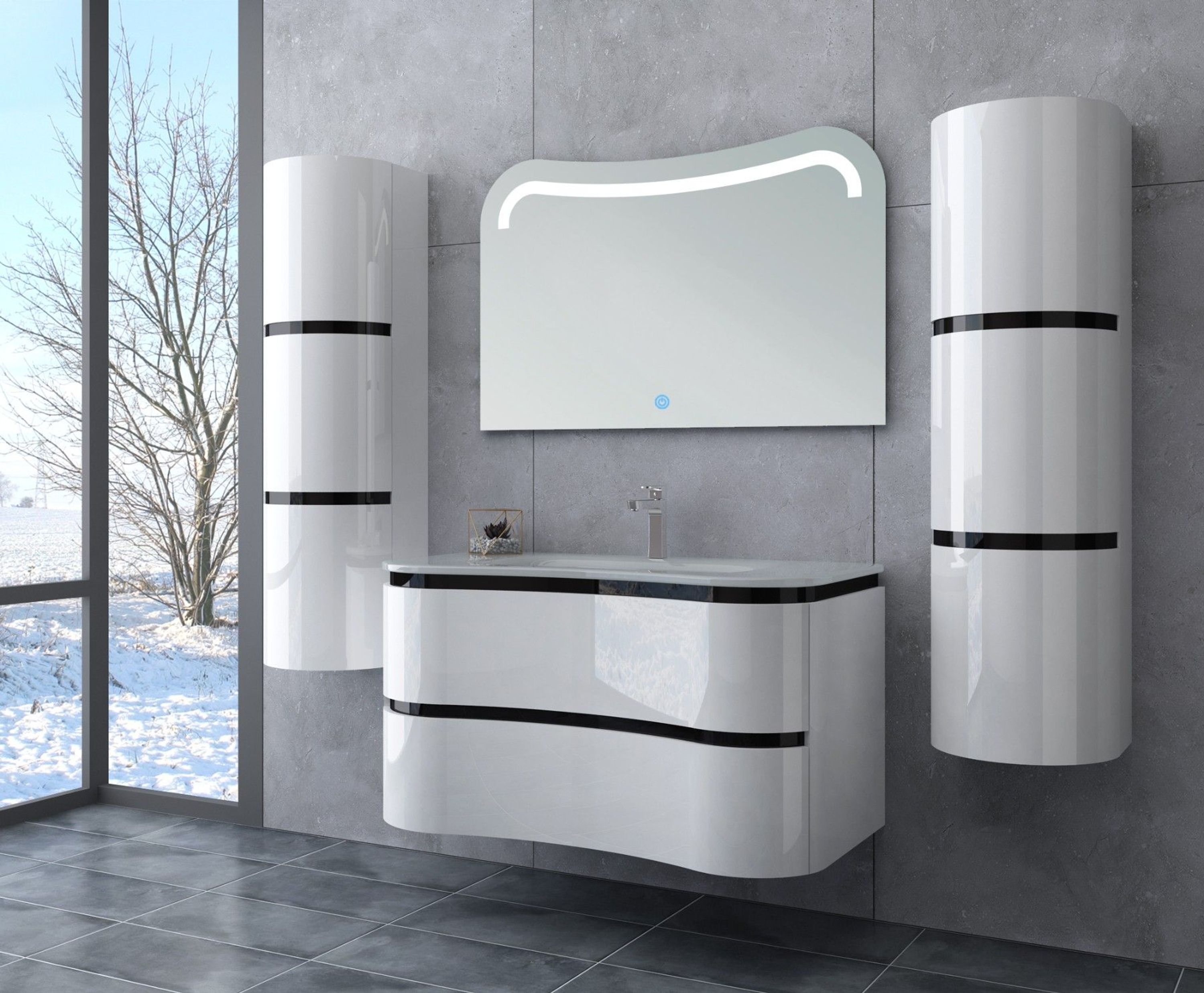 Badmöbel Set 5 Teilig 90 cm Hochglanz Weiss LED Spiegel Badezimmer