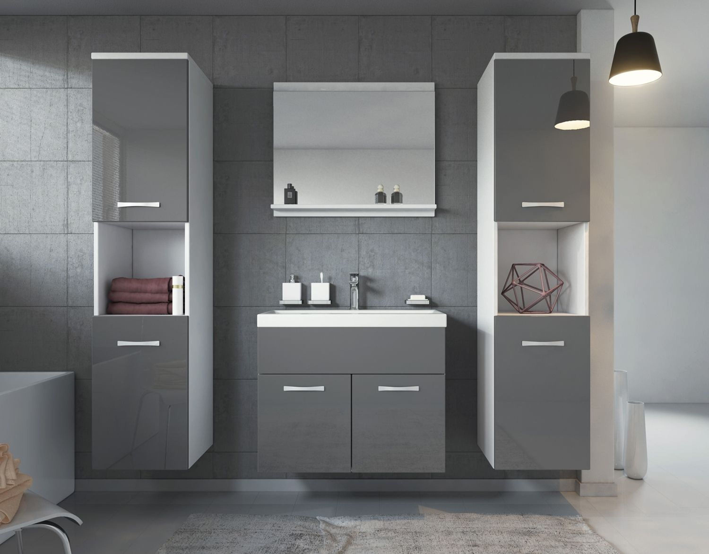 Badezimmer Badmöbel Set Montreal xl 60cm Waschbecken Grau Hochglanz