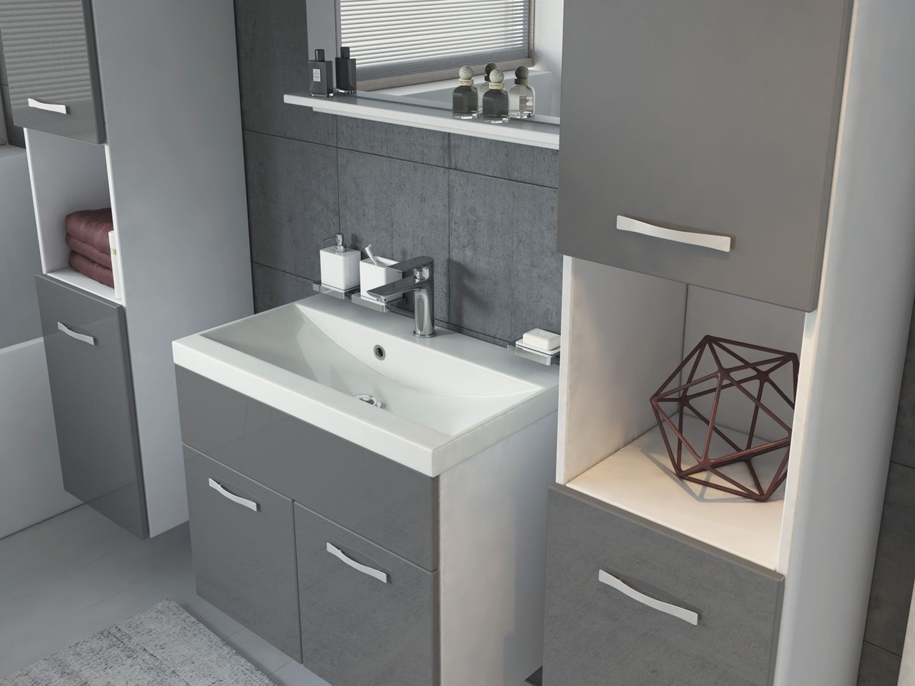 Badezimmer Badmöbel Set Montreal xl 60cm Waschbecken Grau Hochglanz