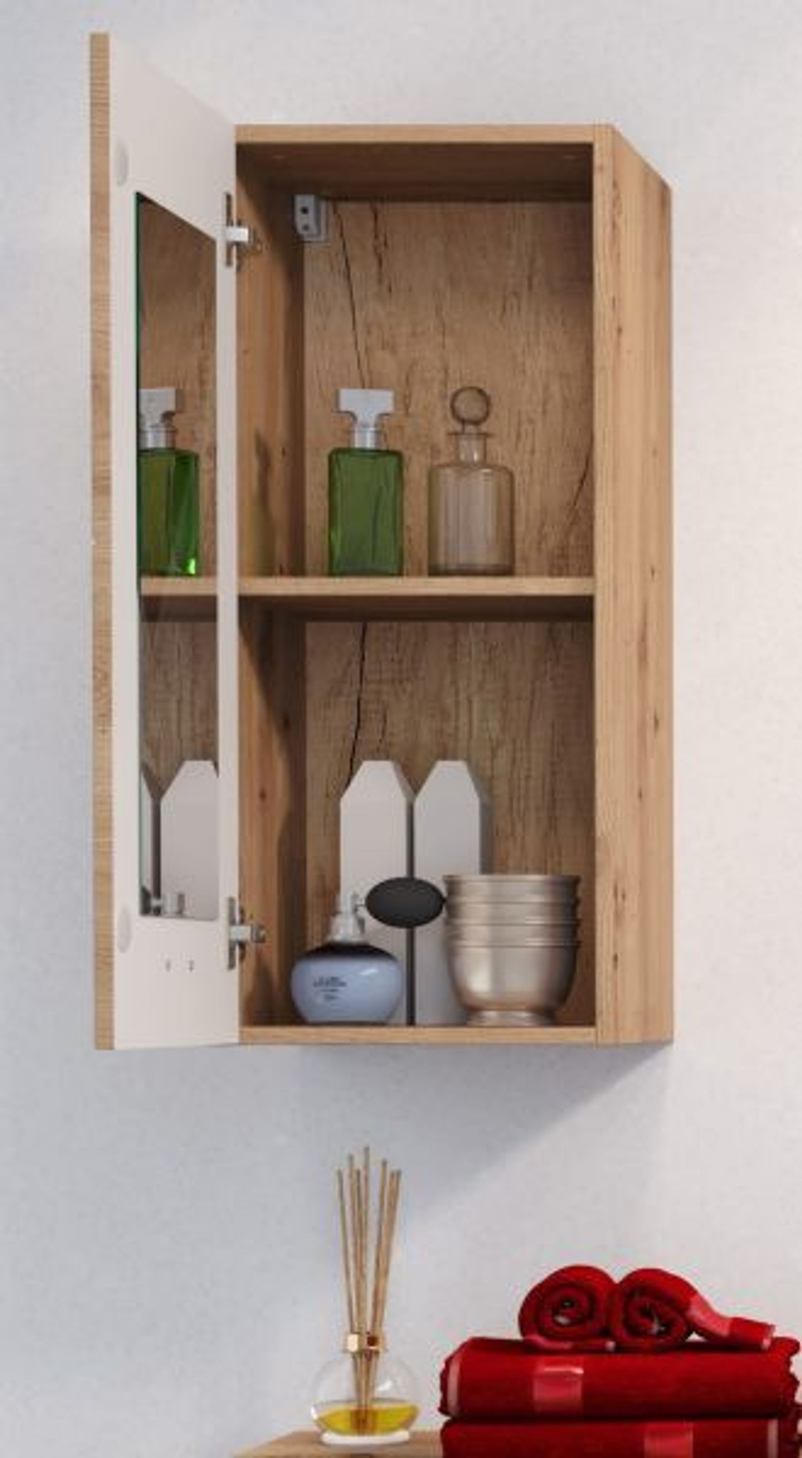 Bad Hängeschrank Badschrank in Eiche Artisan Badmöbel Spiegel innen