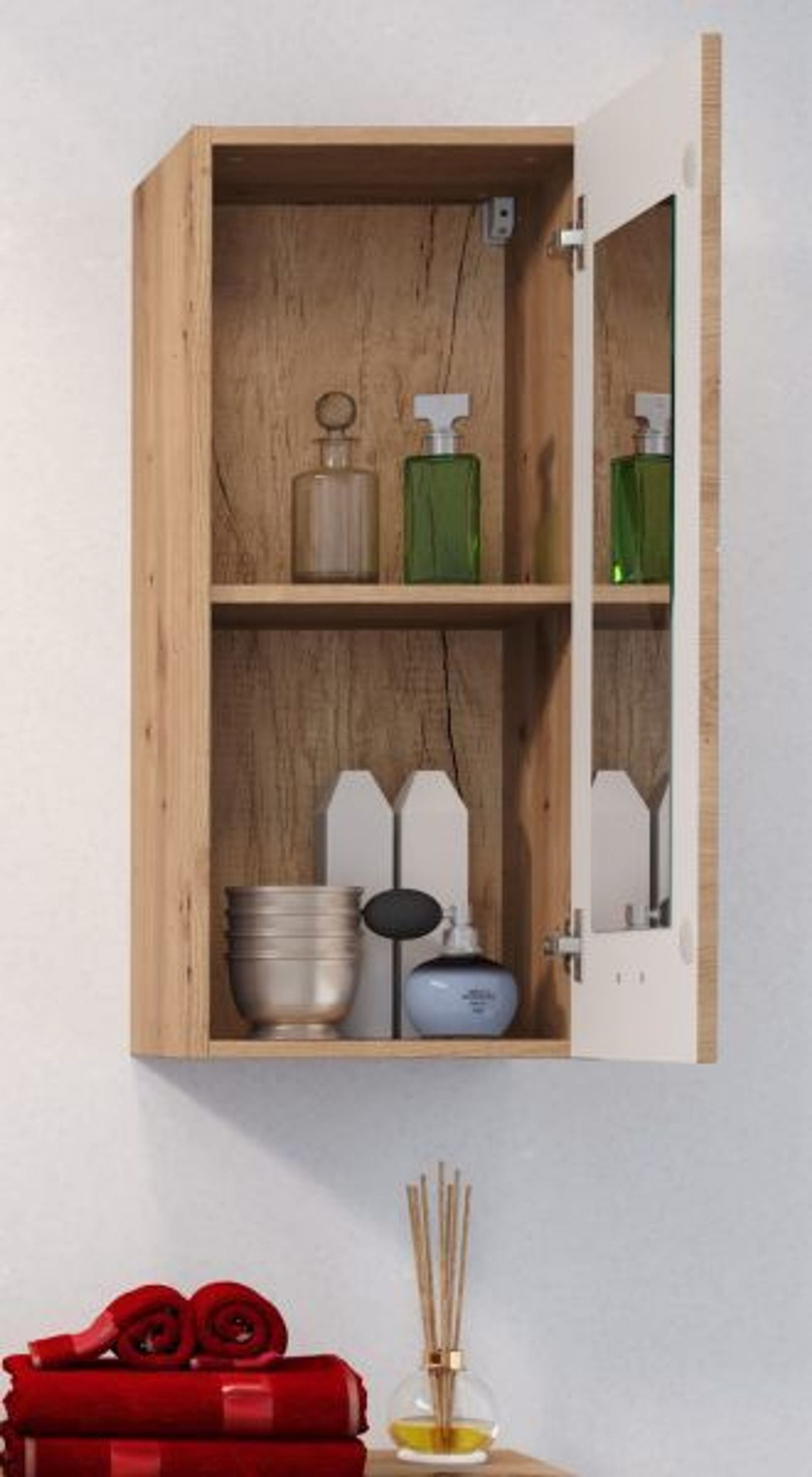 Bad Hängeschrank Badschrank in Eiche Artisan Badmöbel Spiegel innen