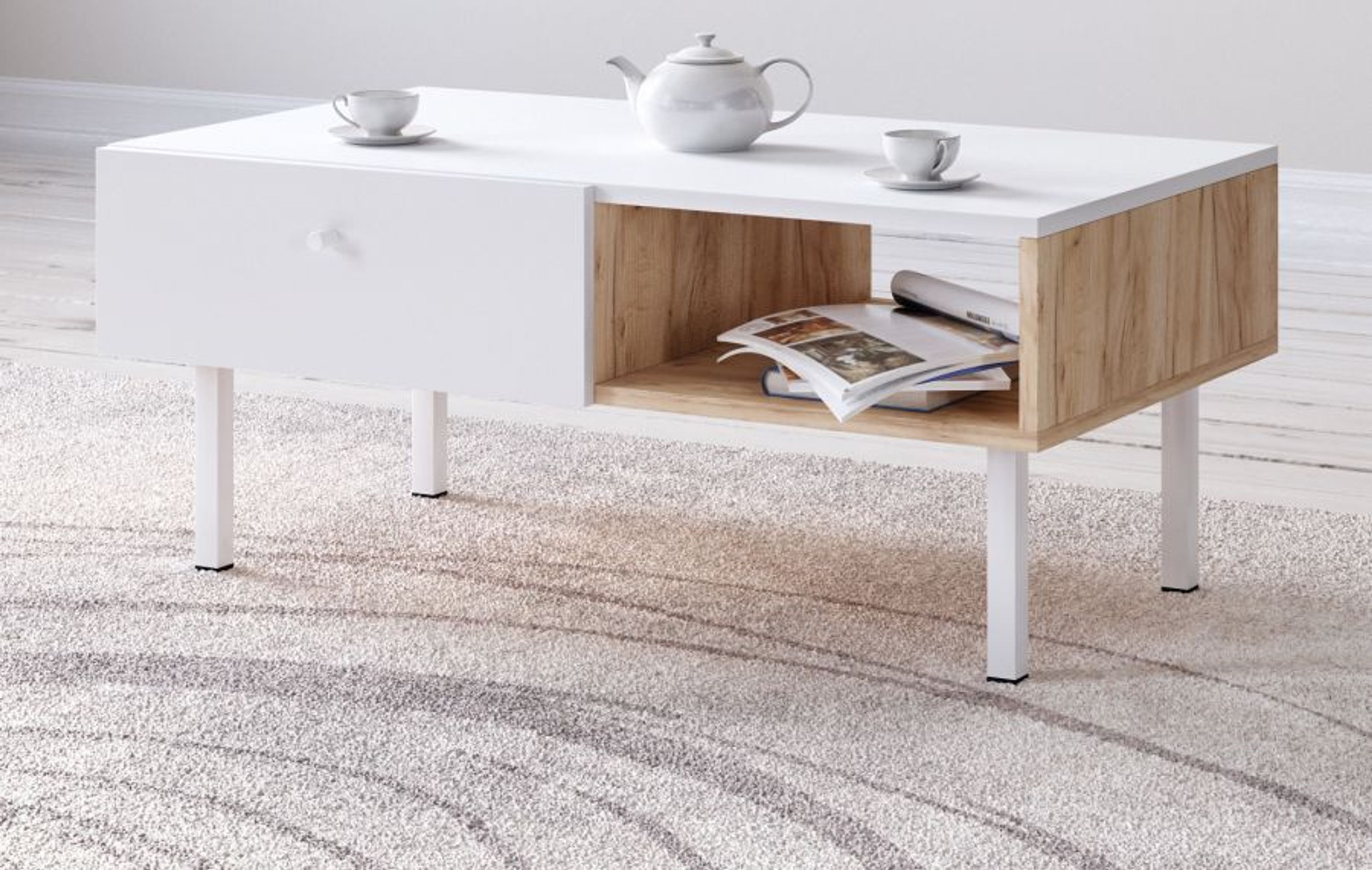 Couchtisch Wohnzimmer Tisch weiß und Eiche Beistelltisch mit