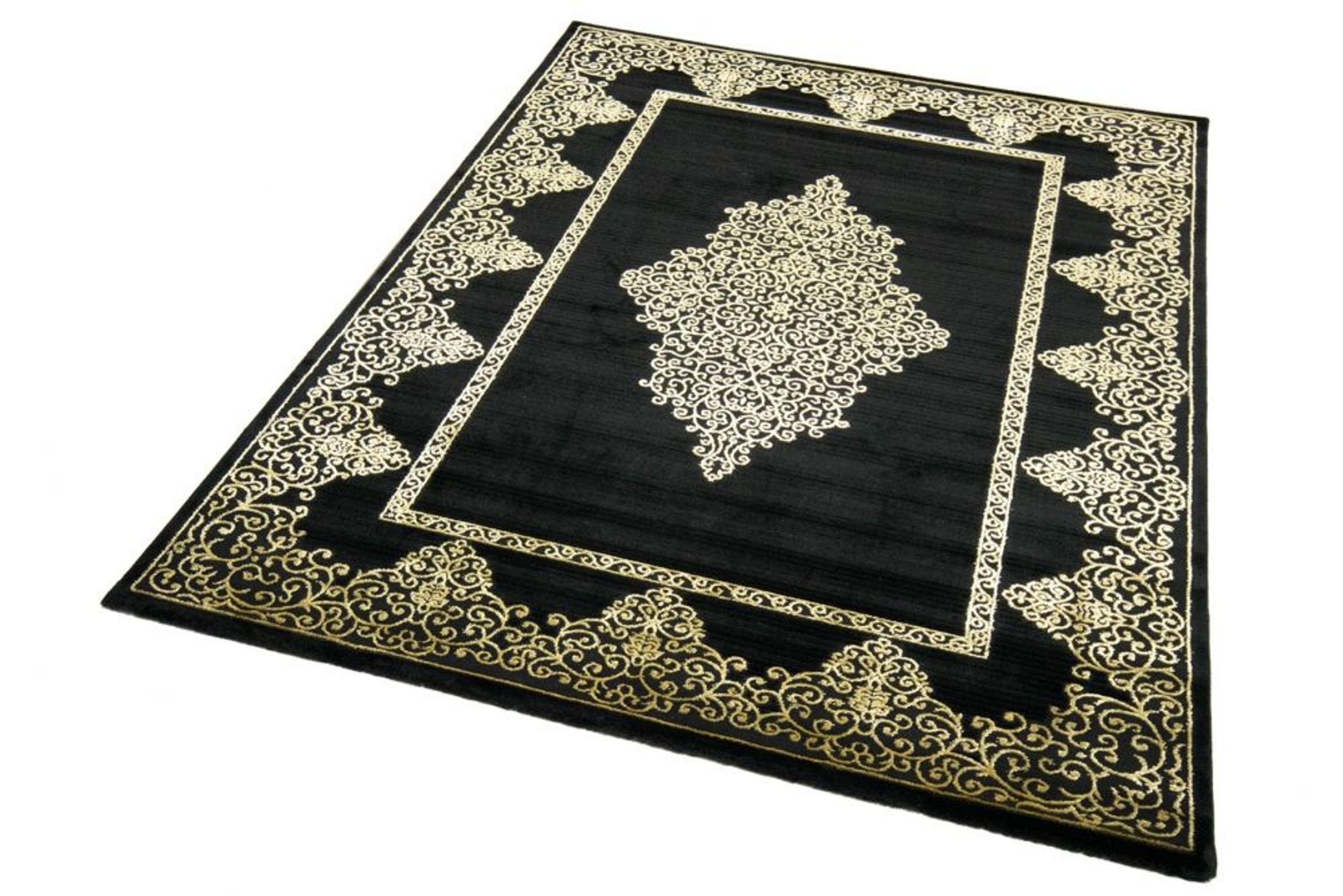 Teppich modern Kurzflor Wohnzimmerteppich Ornamente in schwarz gold