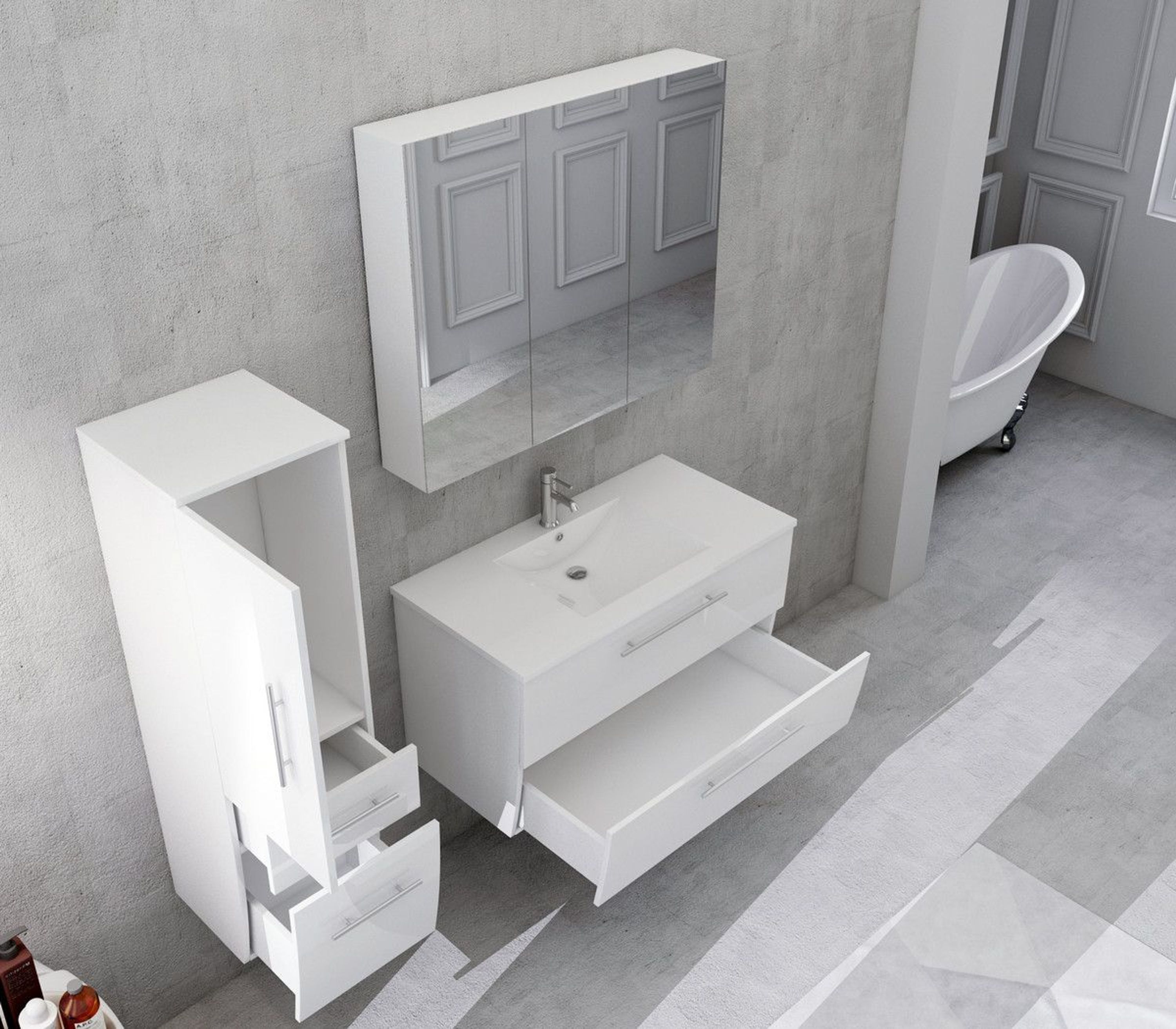 Badezimmer-Set 90 cm 3 tlg MDF Weiß Glas mit Waschbecken. kaufen bei