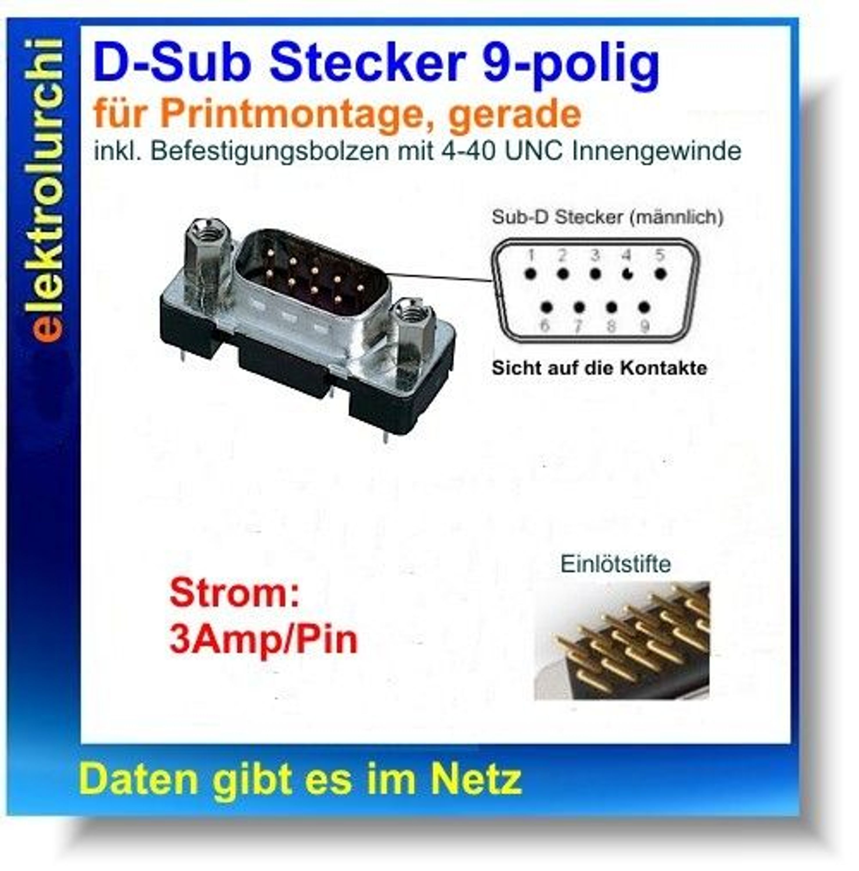 DSub Stecker 9polig, male, gerade, Printmontage, vergoldet, Bolzen 440 UNC,1St. kaufen bei DSub Stecker 9polig, male, gerade, Printmontage, vergoldet, Bolzen 440 UNC,1St. kaufen bei