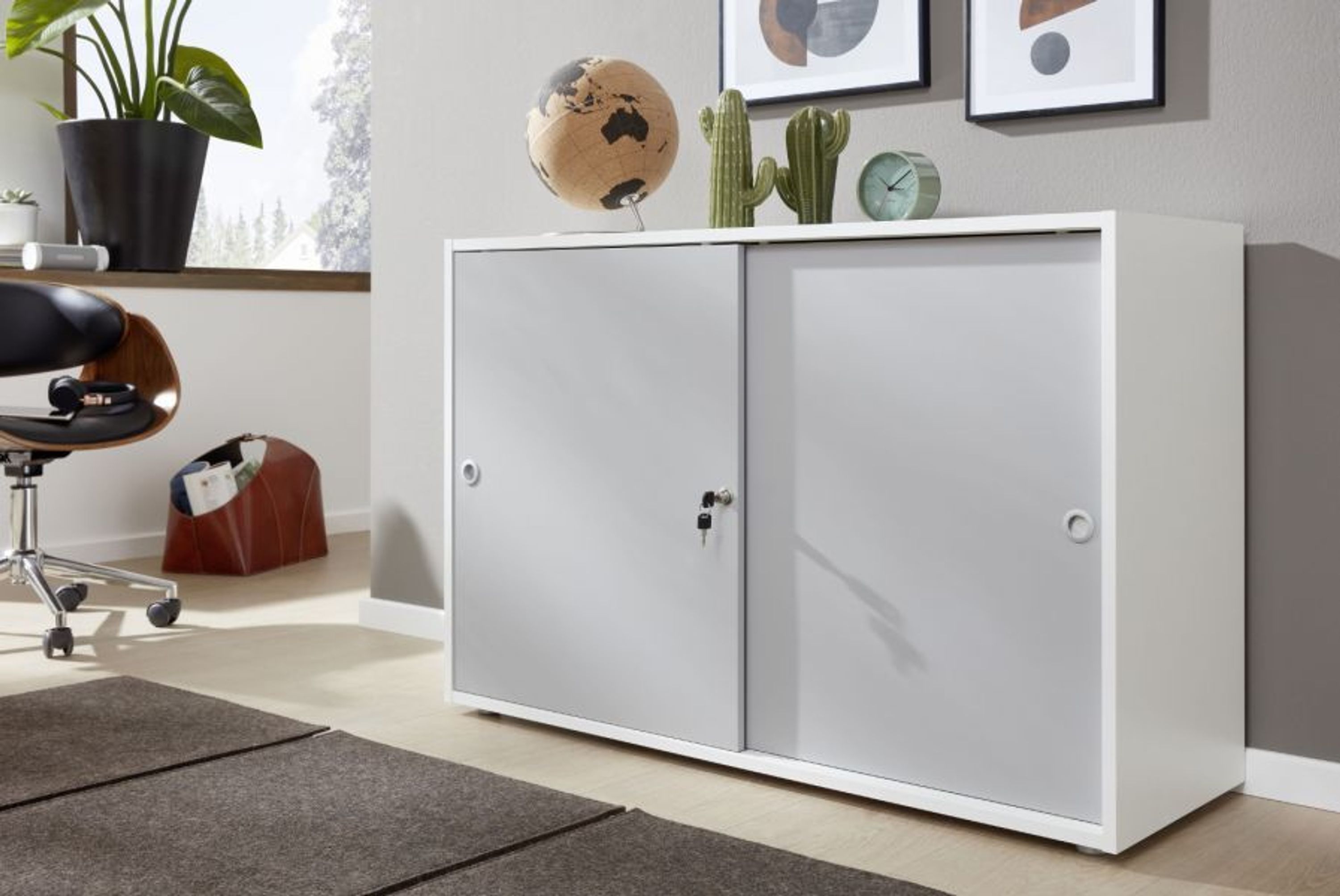 Schiebetürenschrank weiß / grau Büro Aktenschrank abschließbar 118 x 78