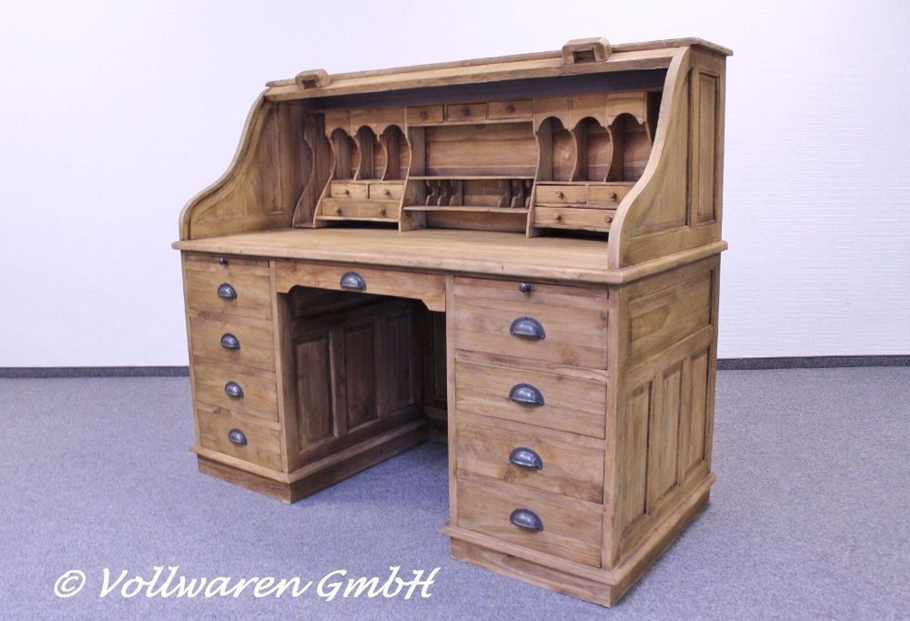 TEAK American Rolltop Sekretär Teakholz antik strukturgebürstet