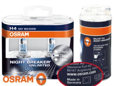 1 Satz H4 Osram Nightbreaker Unlimited 60 / 55 Watt Leuchtmittel 110% mehr Licht