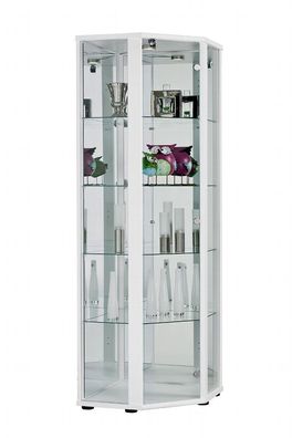 Eckvitrine mit Spiegel, Schloss und LED in Weiß(176x56,5x56,5 cm)