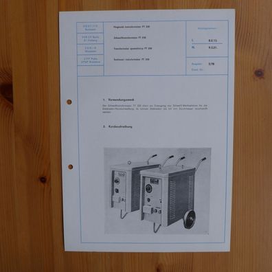 DDR Datenblatt Kurzbeschreibung Schweißtransformator FT 250