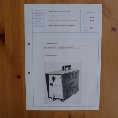 DDR Datenblatt Kurzbeschreibung Montage Schweißtransformator Junior II, Rekord