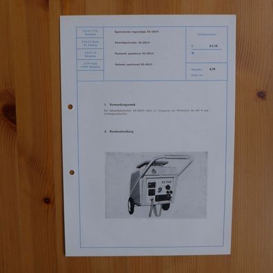 DDR Datenblatt Kurzbeschreibung Schweißgleichrichter KS 250/01