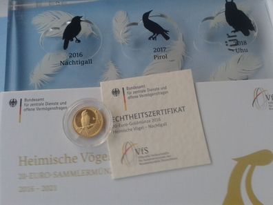 Original 20 euro PP 2016 J Gold Heimische Vögel Nachtigall 1. Münze der Serie