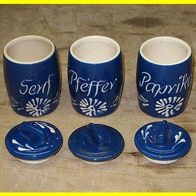 3 schöne Gewürzbehälter Keramik - mit Deckel - Senf + Pfeffer + Paprika
