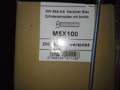 Zylinderschrauben mit Schlitz Din 84 A, M5 x 100 VZ 200 Stk