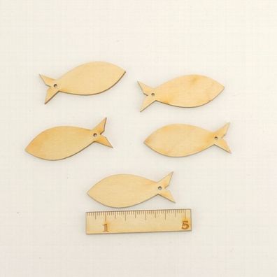 5er Set Fische, Holz 3 cm, evangelisch Ichthys mit 1 Loch, 4,5cm Basteln Karten