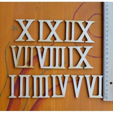 12 Römische Zahlen Ziffern Holz 50 mm Höhe zum Basteln Blanko 5 cm