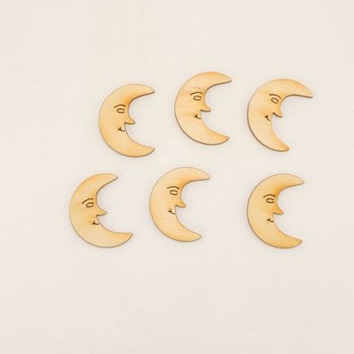 6 Stück Mond mit Gesicht 4 cm Holz Dekoration Basteln Kinder Streudeko
