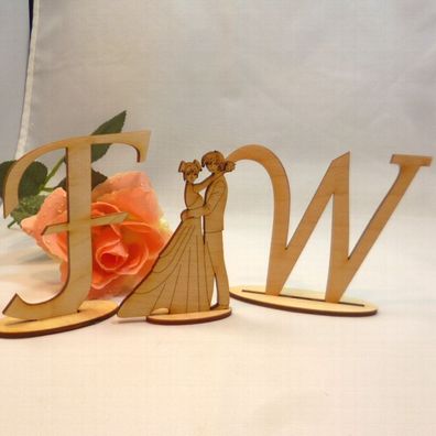 Hochzeit, Holzbuchstaben Platzset aus Holz, junges Brautpaar Tortenaufsteller Set