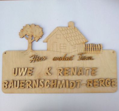 Haustürschild groß mit Haus Baum und Gartenzaun Holzschild Blanko Buchstaben