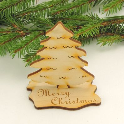 1 Holz Tannenbaum Deko Baum stehend mit graviertem Fuss " Merry Christmas " 8cm
