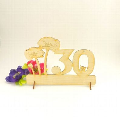 30 Zahl mit Mohnblume und Katze "Alles Gute" Geburtstag Geschenkidee Holz