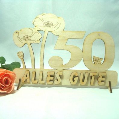 50 Zahl mit Mohnblume und Katze "Alles Gute" Geburtstag Geschenkidee aus Holz