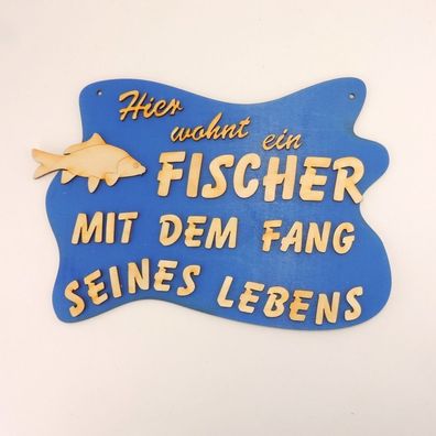 fetziges Türschild für einen Fischer, geniale Geschenkidee Holz Blau mit Karpfen