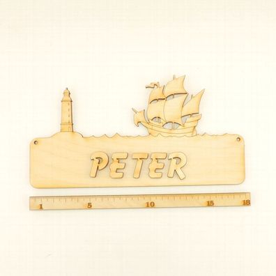 Türschild mit Dreimaster und Leuchtturm, Schiff mit Namen aus Holz DIY 18cm