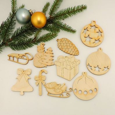 10 Teiliges Set Christbaumschmuck aus Holz Weihnachten Advent Basteln Dekoration