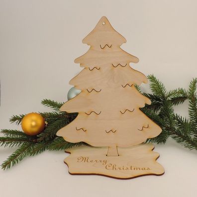 1 Tannenbaum Holz stehender Baum mit Fuss "Merry Christmas" 22 cm Weihnachten