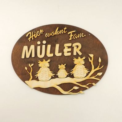 Türschild mit Name: "Müller" , Eule auf Ast Oval Namensschild Wuschel Eulen Holz