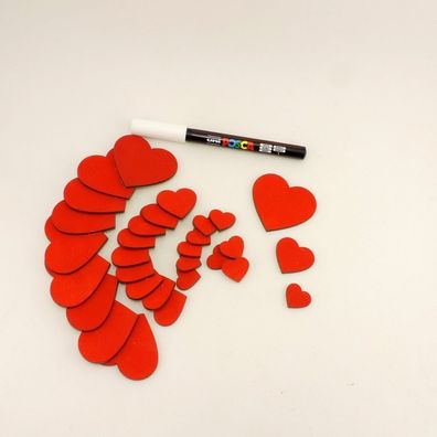 30 rote Herzen 5cm, 3cm, 2cm aus Holz mit weissem Stift Hochzeitsdeko Streudeko