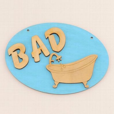 kleines Türschild BAD mit 2 Löcher zum Anhängen, Blau mit Badewanne 9cm