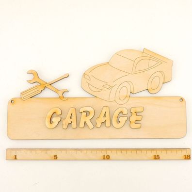 Türschild mit Werkzeug und Auto, mit Namen aus Holz DIY 18cm, für Garage