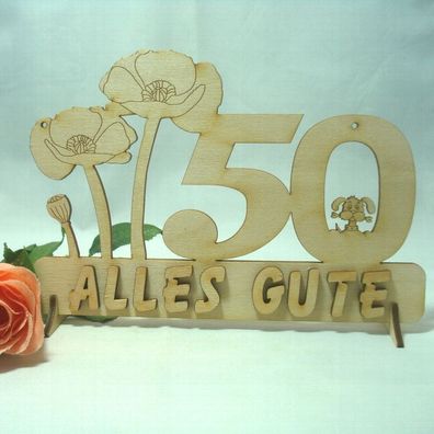 50. Geburtstag Mohnblume und Hund "Alles Gute" Geschenkidee aus Holz