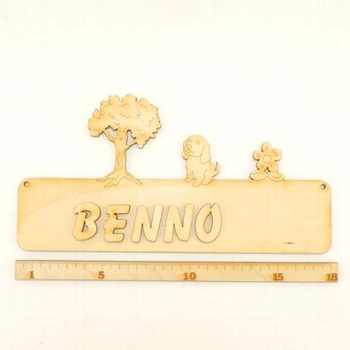 Türschild mit Hund, BAum und Blume, mit Namen aus Holz DIY 18cm