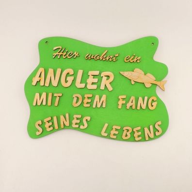 witziges Türschild Hier wohnt ein Angler mit dem Fang seines Lebens, Holz Zander