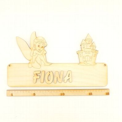 Türschild mit einer Fee mit einem Schloss, Burg, mit Namen aus Holz DIY 18cm