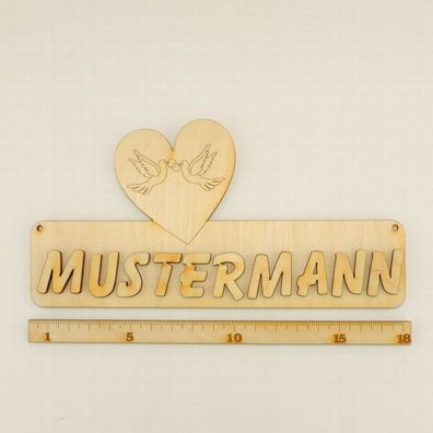 Türschild, Herz mit Turteltauben , mit Namen aus Holz DIY 18cm, Hochzeit