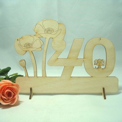 40 Zahl mit Mohnblume und Hund "Alles Gute" Geburtstag Geschenkidee aus Holz