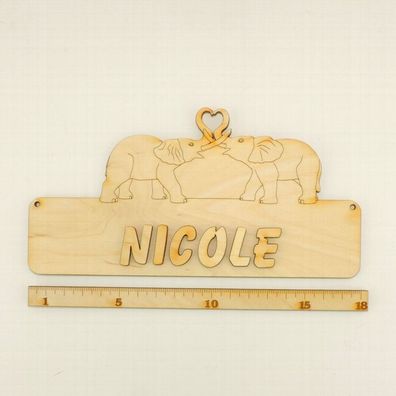 Türschild 2 Elefanten mit Herzrüssel, mit Namen aus Holz DIY 18cm selbst bemalen