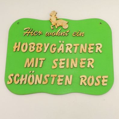 lustiges Türschild für einen Hobbygärtner in hellgrün aus Holz, Geschenkidee